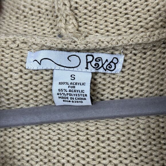 Y2K Hooded Sweater Vest Womens Small Tan Faux Fur Trim Toggle Chunky Penny Lane - Picture 8 of 11